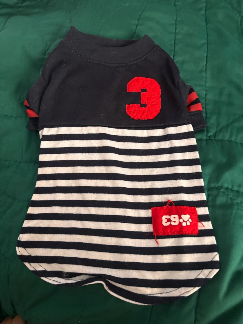 Navy & White Stripe Dog Tee with Red Accents